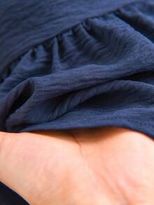 CosyJoli Camicetta in chiffon oversize con scollo a V, maniche a lanterna e ricamo, stile casual - Blu Navy - Visualizzare 6