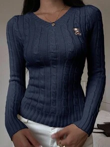 SHEIN EZwear 女士休闲小熊刺绣毛衣，秋冬季藏蓝色毛衣，带泰迪熊贴片，女士舒适秋冬服装 - 藏蓝色 - 查看 7