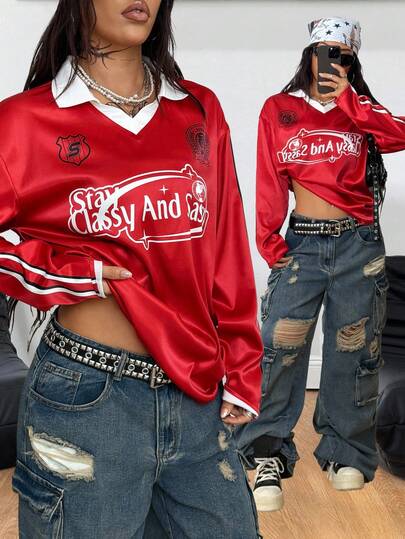 Coolane Women's Fall Concert Rave Festival Going Out Renaissance Fair Clubs Streetwear Vintage Graphics Red Long Sleeve Satin Jersey T-Shirt