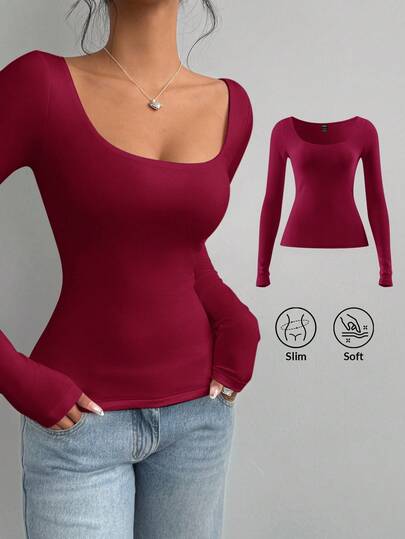 SHEIN BASICS Women's Casual Solid Color Knitted Fitted Long Sleeve Crew Neck Regular T-Shirt Playera Manga Larga Damawhite Top Long Sleevebasic Long Sleeve Tops,Red Top