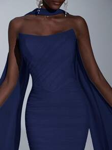 Elitara Elegant Luxurious Light Blue Elastic Mesh Boat Neck Full Ruffle Sequin Bridesmaid Dress