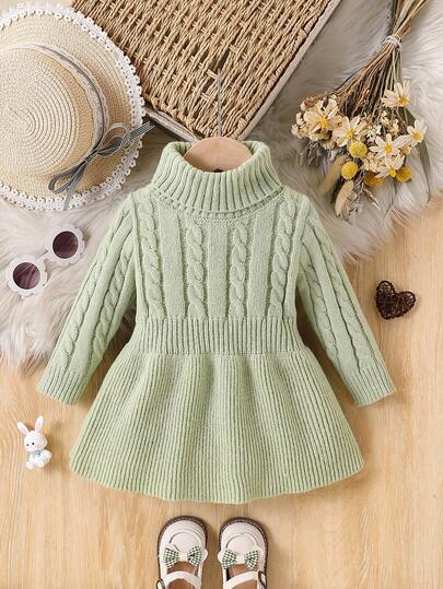 SHEIN Baby Girls' High Collar Cable Knit Sweater Dress Baby Girl Green Dress Baby Sweater Dress Baby Winter Dress Winter Baby Girl Clothes Baby Girls Knit Dress