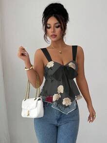 Elenzga Embroidered Fabric Chest Bowknot Waist Splice Asymmetrical Hem Women Camisole - Black - View 6