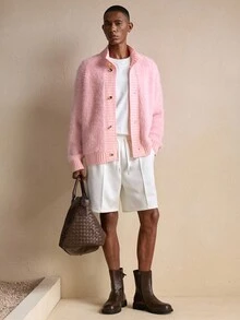 AKNOTIC Business Casual 男士纯色长袖单排扣休闲毛绒针织开衫，秋冬季、圣诞节、新年魅力 - 粉色 - 查看 7