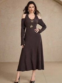 DAZY Vestido feminino elegante com ombros de fora e mangas franzidas, comprimento médio, outono - Castanho - Ver 4