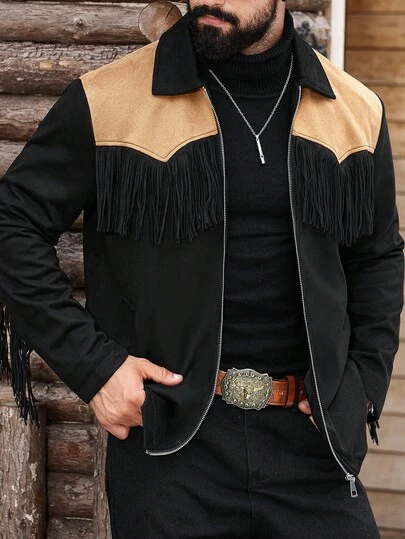 Manfinity Nomadique Chaqueta casual holgada con cremallera y mangas largas de color block para hombre, chaqueta vintage de concierto de campo de otoño, invierno