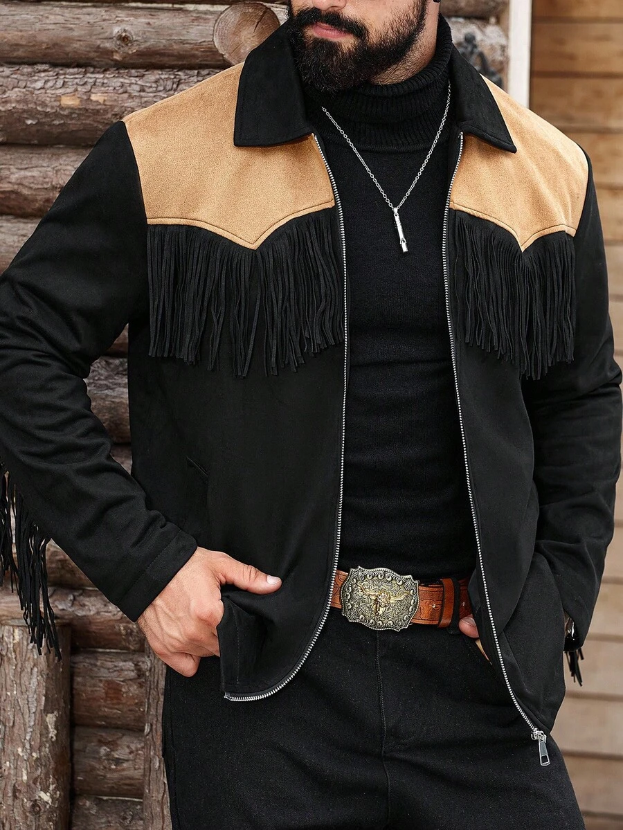 Manfinity Nomadique Men's Colorblock Long Sleeve Thermal Lined Single Breasted Casual Loose Jacket, Autumn Country Concert Vintage Jacket