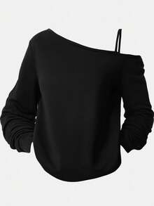 Girlism Maglietta casual a maniche lunghe con spalla asimmetrica per ragazze adolescenti, adatta per l'estate, il tempo libero, lo sport, il college - nero - Visualizzare 2