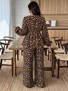 Weeklong Plus Size Women Elegant Leopard Print Flare Sleeve Shiny Fabric Dress, Suitable For Office, Party, Banquet - Multicolor - View 2