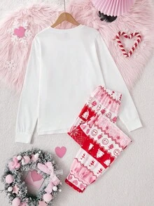 SHEIN Women's Funny Expression & Christmas English Text, Fair Isle Red & Pink Snowflake Christmas Element Pattern White Crew Neck Tight Fit Top And Pants , Cozy Holiday Outfit Fall Winter Clothes - White - View 2