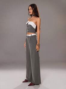 TRNVIE 2 件套女士套装，深灰色街头与派对设计撞色拼接抹胸露肩无袖上衣和阔腿裤，性感、优雅、时尚 - 深灰色 - 查看 6