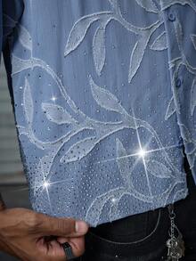 AXEPEAK Men's Rhinestone Embellished Loose Fit Polo Shirt - Blue - View 6