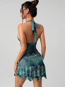 SHEIN ICON 露背复古绿色佩斯利印花紧身褶饰不对称下摆迷你连衣裙，波西米亚风，森林朋克，俱乐部服装女性性感，Y2K，垃圾摇滚，哥特式网络符号主义，朋克和美学风格 - 彩色 - 查看 3