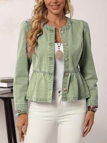 EMERY ROSE Áo khoác denim nữ cỡ lớn, màu trơn, cổ tròn, vai thường, xếp ly, cài nút phía trước, kiểu dáng thường ngày/mùa đông - màu xanh lá - Xem 3