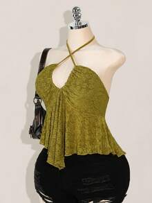 SHEIN ICON Plus Size Criss-Cross Halter Backless Jacquard Yellow Crop Top, Suitable For Summer, Vacation, Y2K - Green - View 5