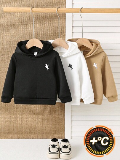 SHEIN 3-częściowy zestaw bluz z kapturem i długim rękawem dla chłopca, dzianinowy, miękki, z motywem konia