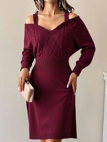 EURMUSE 女士纯色灯笼袖收腰短款休闲针织毛衣裙，秋冬款，感恩节适用 - 酒紅色 - 查看 5