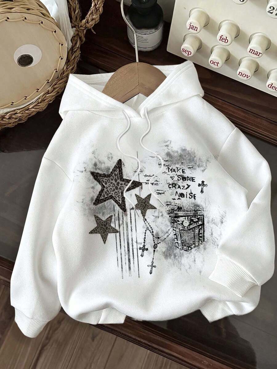 Attitoon Áo sweatshirt phong cách vintage, họa tiết ngôi sao, chữ thập, túi ngực, grunge, punk, gothic tối màu, dáng rộng, dày dặn, phù hợp cho mùa thu/đông, phong cách đường phố, sành điệu, Y2K. - trắng - Xem 1