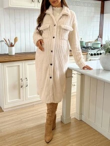 SHEIN Women's Autumn/Winter Single-Breasted Lapel Fluffy Plaid Loose Long Sleeve Maternity Coat - Multicolor - View 4