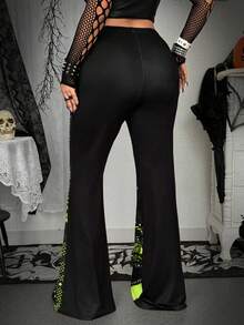 Whyspr 大码朋克数码印花高腰喇叭腿时尚裤 - 綠色 - 查看 2