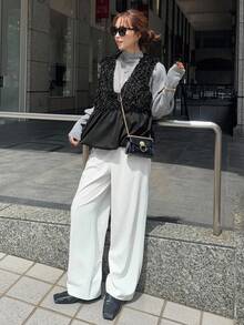 FRIFUL 女式黑色无袖拼接毛绒面料褶皱设计宽松休闲百搭分层背心，秋季 - 黑色 - 查看 2