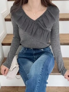 FRIFUL Women's V-Neck Fitted Tight Collar Mesh Patchwork Ribbed Fabric Multi-Layer Ruffle Splice Contrast Color Casual T-Shirt Long Sleeve Top - Grey - View 1