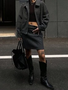 DAZY Women's Jacket And Skirt 2 Pieces Set, Spring/Autumn Lounge Sets For Women School - Dark Grey - View 2