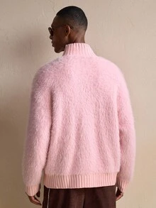 AKNOTIC Business Casual 男士纯色长袖单排扣休闲毛绒针织开衫，秋冬季、圣诞节、新年魅力 - 粉色 - 查看 6