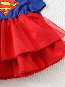 SUPERMAN X Cozy Pixies 2pcs Baby Girl Superhero Pattern Knit Soft Round Neck Short Sleeve Waist Dress With Cape Set - Red - View 4