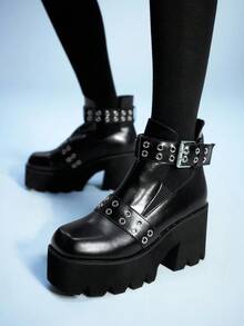 Sugerpunk 女式哥特式金属孔眼设计方头粗跟朋克靴，PU 皮革黑色高跟靴，适合派对、日常穿着、晚礼服，增高修腿 - 黑色 - 查看 1