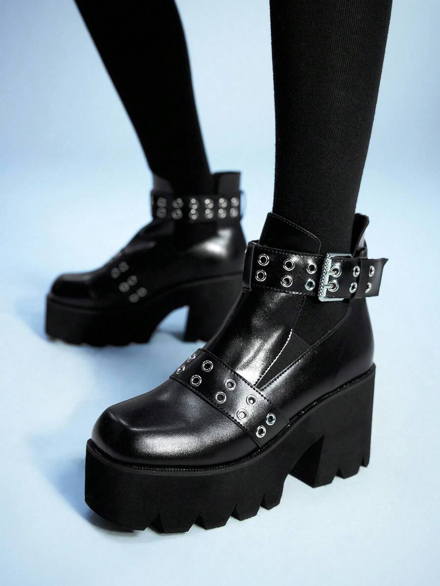 Sugerpunk 女式哥特式金属孔眼设计方头粗跟朋克靴，PU 皮革黑色高跟靴，适合派对、日常穿着、晚礼服，增高修腿 - 黑色 - 查看 1