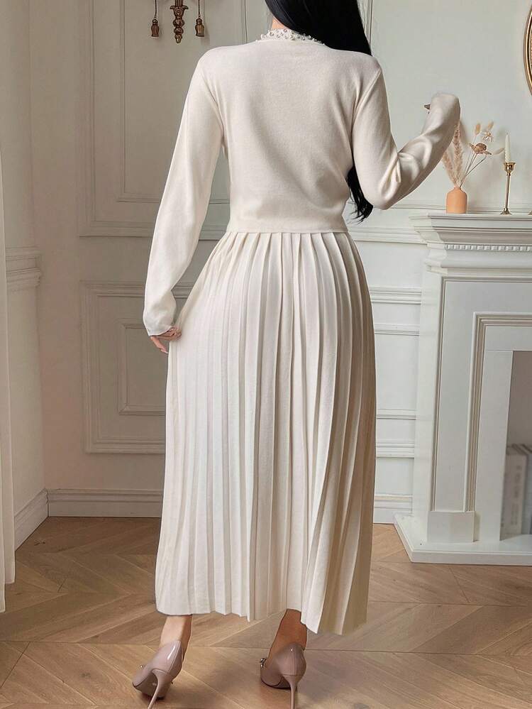 Women's Elegant Solid Color Round Neck Cardigan & Pleated Skirt 2-Piece Knit Set, Autumn