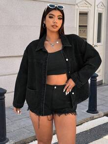 SHEIN ICON Veste en jean décontracté grande taille avec deux poches et fermeture éclair