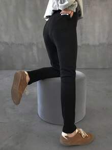 FRIFUL Women's Black Solid Color Pocket Woven Label Decor Thermal Lining Slim Fit Casual Leggings, Versatile Autumn/Winter Tights - Grey - View 8