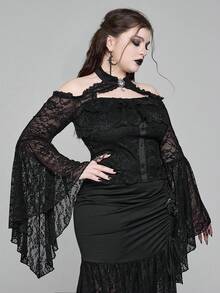 ROMWE EDITION Áo bó sát tay loe hở vai phối ren Gothic cỡ lớn dành cho nữ - màu đen - Xem 9