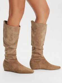 Styleloop Women's Casual Minimalist Flat Knee-High Boots, Autumn/Winter - Brown - View 2