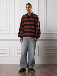 Striped Boxy Fit Polo Long Sleeve Casual Knit Pullover Fall Winter Preppy Classic Collared Navy Brown Retro Style Modern Fashion Oversized Men Top - Blue - View 1