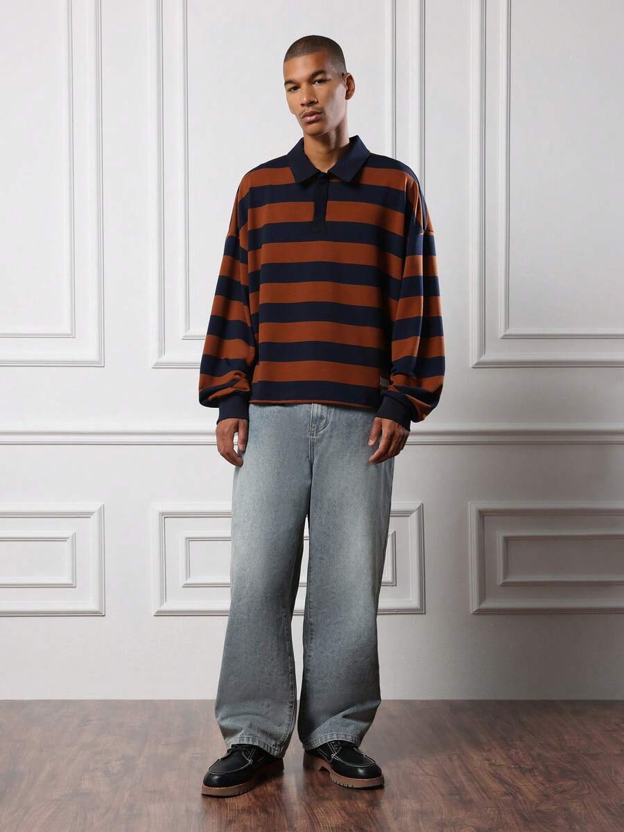 Striped Boxy Fit Polo Long Sleeve Casual Knit Pullover Fall Winter Preppy Classic Collared Navy Brown Retro Style Modern Fashion Oversized Men Top - Blue - View 1