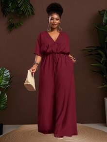 Veslaya 2025 Autumn & Winter New Arrivals, Women's Fall/Halloween/Winter Clothes, Plus Size, Music Festival/Halloween Outfits, Easter, Western, Boho, Birthday Party, Graduation, Student, Casual, Vacation, Cruise, Beach, Sunbathing, Fashionable, Women White Textured Loose Waist Wide Leg Jumpsuit, Plus Size - Burgundy - View 15