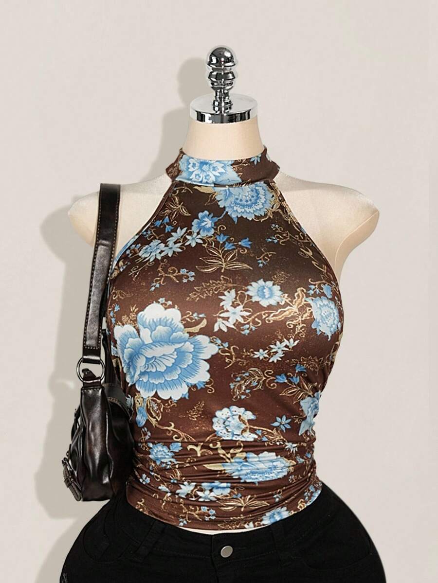 SHEIN ICON 加大码 Y2K 夏季外出波西米亚风西部乡村音乐会女式性感露背花卉印花挂脖上衣,夏季 - 棕色 - 查看 1