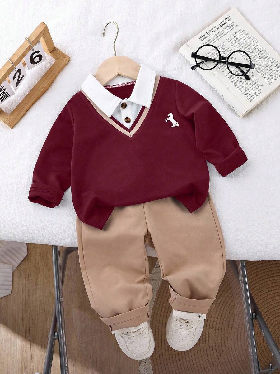 SHEIN Playful Pals 1pc Baby Boy Set, Children Knitted Comfortable Long Sleeve Polo 2 In 1 Sweatshirt, Fashionable And Stylish Toddler Chest Print Unique Design Top Paired With Khaki Casual Elastic Waist Pants, Loose Fit, Suitable For Autumn Occasions Like Vacation, Daily Wear, Etc. - Burgundy - View 1