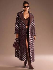 SHEIN Glamour Quilted Padded Coat (With Belt), Women's Winter Wear, Outdoor Padded Coat, Airport Attire, Airport Travel, Business Casual Wear Polka Dot Winter Coat - Coffee Brown - View 5
