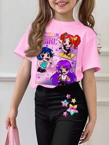 SHEIN Leap Crew 淡紫色粉色，K-POP 卡通女孩，青少年女孩休闲宽松圆领短袖 T 恤和喇叭裤 2 件套，适合秋季 - 彩色 - 查看 3