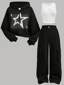 Girlism Teen Girls' Stylish Star Pattern Silver & Black Hoodie, Round Neck Tank Top And Cargo Pants Sports Suit - Black and White - View 17