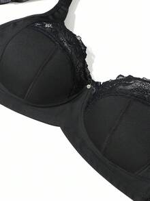 1pc Plus Size Lace Patchwork Wireless Bra, Lift - Black - View 9