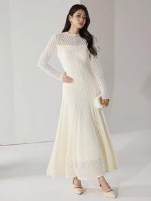 Heiryn Vestido de mujer elegante de unicolor y textura - Albaricoque - Ver 7