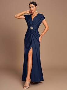 SHEIN Belle Váy phù dâu xẻ tà chữ A tay ngắn xếp ly màu cà phê lãng mạn thanh lịch - Màu xanh hải quân - Xem 4