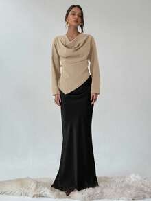 Aloruh 女式纯色不对称下摆长袖时尚衬衫 - 杏色 - 查看 5