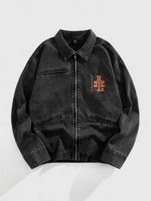 ROMWE MEN Street Life 男士时尚印花长袖牛仔夹克 - 黑色 - 查看 1