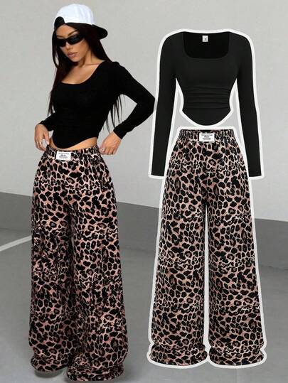 SHEIN 少女秋冬黑色针织短款腰部褶边长袖上衣，豹纹，宽松阔腿裤/运动裤，休闲运动两件套